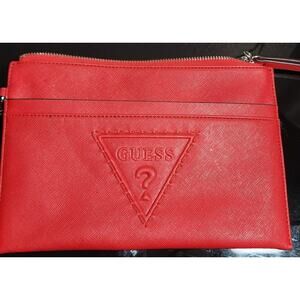 Red Wristlet Clutch Embossed Logo Zip Pouch NWOT